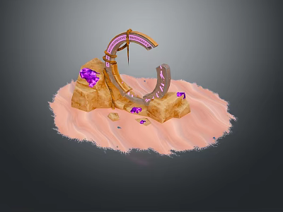 Scenic Landscape With Pink Sand Purple Gemstones And Arched Structure On Rocks 3d model