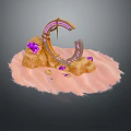 Scenic Landscape With Pink Sand Purple Gemstones And Arched Structure On Rocks