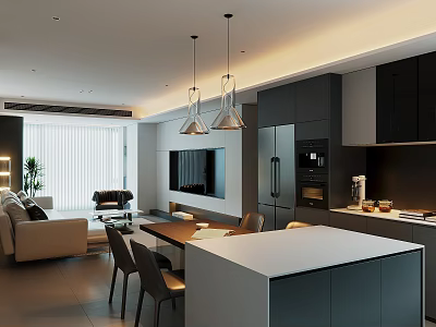 Modern Open Concept Dining and Living Room With Pendant Lights Sofa Dining Table And Cabinets 3d model