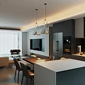 Modern Open Concept Dining and Living Room With Pendant Lights Sofa Dining Table And Cabinets