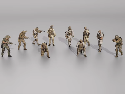 Men in Camouflage Military Uniforms with Different Action Poses Holding Guns 3d model