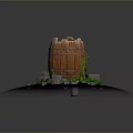 Rustic Wooden Barrel Decorative Item with Stones and Green Plants for Home Decoration