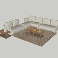 Light Colored Upholstered Sofa Coffee Table Set With Fruit Platter And Geometric Pattern Rug 3d model
