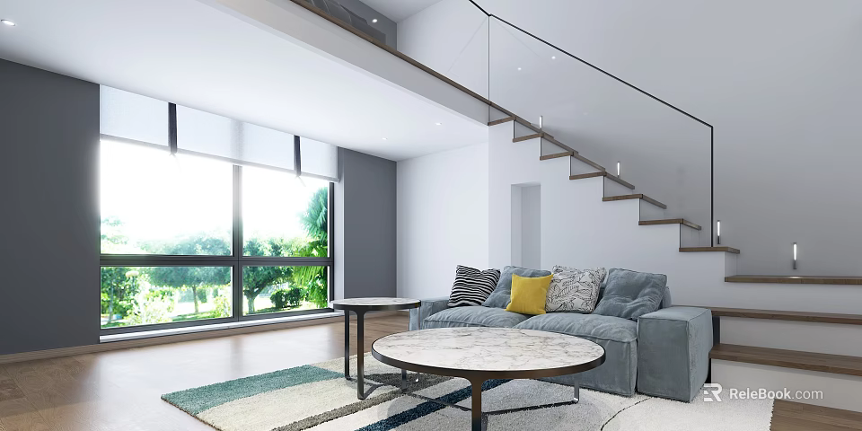 Apartment Living Space With Gray Sofa Throw Pillows Round Marble Coffee Table Large Windows Greenery View Staircase 3d model 