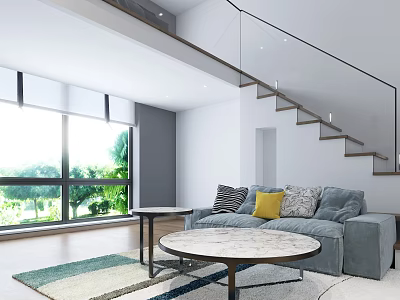 Apartment Living Space With Gray Sofa Throw Pillows Round Marble Coffee Table Large Windows Greenery View Staircase 3d model