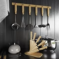 Contemporary Kitchen Storage With Black Cabinets White Dinnerware Wooden Utensil Rack Cooking Utensils And Towel