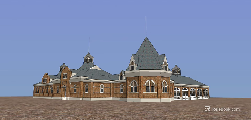 Classic Traditional Red Brick Building With Steeply Pitched Roof And Multiple Windows 3d model 