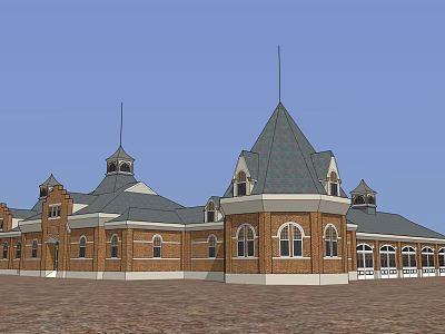 Classic Traditional Red Brick Building With Steeply Pitched Roof And Multiple Windows 3d model