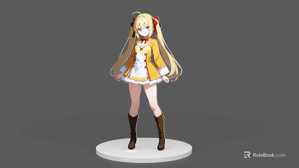 Anime Game Character With Long Blonde Twin Ponytails Yellow White Outfit And Brown Boots 3d model 