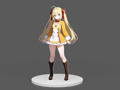 Anime Game Character With Long Blonde Twin Ponytails Yellow White Outfit And Brown Boots 3d model