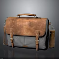 Vintage Brown And Gray Leather Canvas Messenger Bag With Brass Buckles And Shoulder Strap