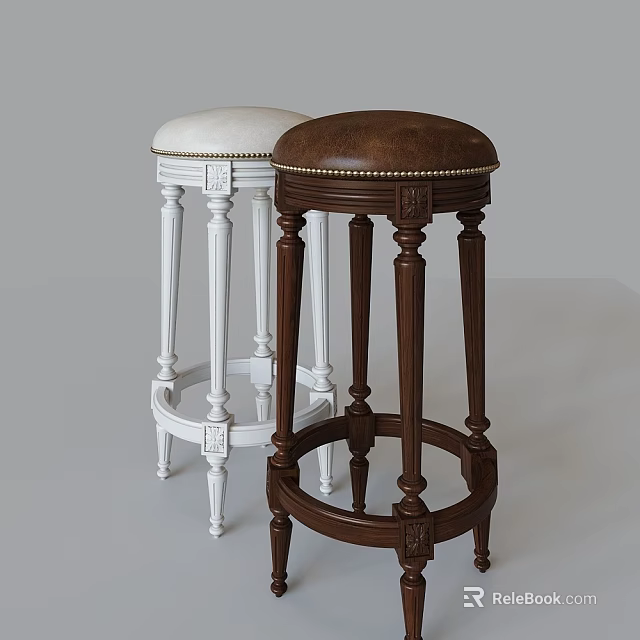 Elegant Bar Stools With Carved Legs And White Brown Upholstered Seats 3d model 