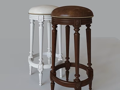 Elegant Bar Stools With Carved Legs And White Brown Upholstered Seats 3d model