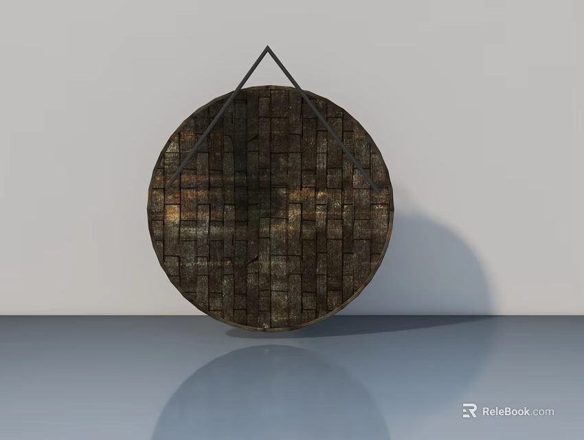Circular Hinged Door With Wooden Texture And Metal Bracket On Gray Wall 3d model 