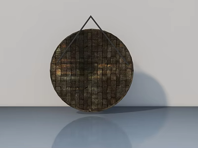 Circular Hinged Door With Wooden Texture And Metal Bracket On Gray Wall 3d model