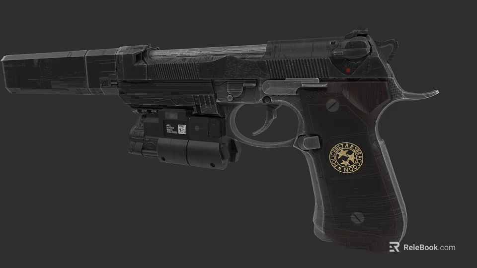 Tactical Handgun With Wooden Grip Golden Emblem And Black Metal Design 3d model 