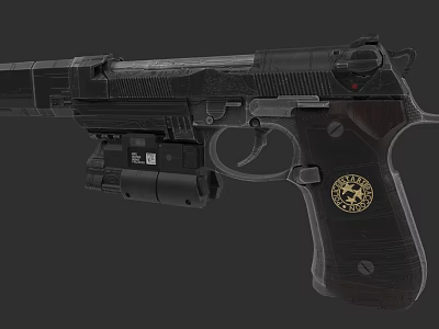 Tactical Handgun With Wooden Grip Golden Emblem And Black Metal Design 3d model