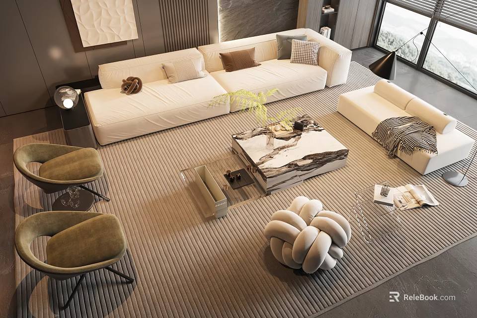 Modern White Sofa and Marble Coffee Table Set with Accent Chairs and Area Rug 3d model 