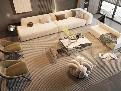 Modern White Sofa and Marble Coffee Table Set with Accent Chairs and Area Rug 3d model