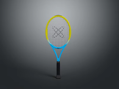 Colorful Tennis Racket With Yellow Blue Frame And Black Grip Design 3d model