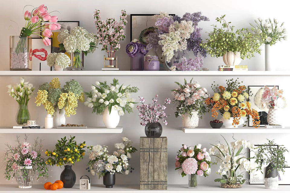 Colorful Flowers in Various Vases with Different Types Glass Ceramic Wooden Containers on Shelves 3d model 