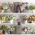 Colorful Flowers in Various Vases with Different Types Glass Ceramic Wooden Containers on Shelves