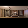 Modern Hotel Room Interior With King Bed Sofa Desk Herringbone Wooden Floor And Ambient Lighting