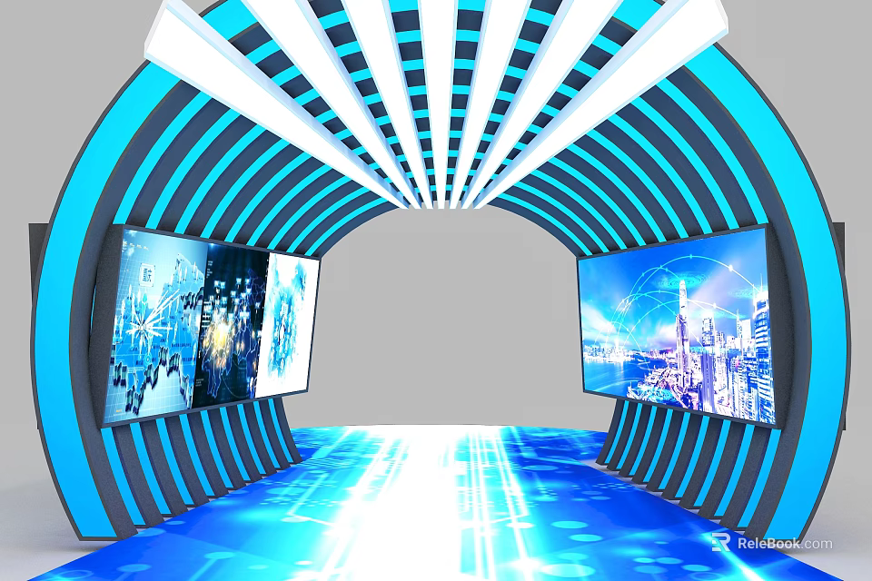 Futuristic Digital Tunnel With Blue White Stripes Glowing Floor And Urban Screens 3d model 