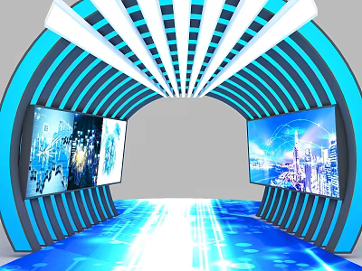 Futuristic Digital Tunnel With Blue White Stripes Glowing Floor And Urban Screens 3d model