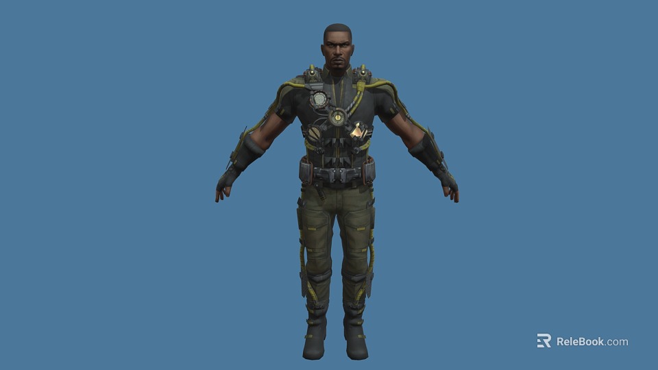 Game Movie Character In Tactical Green And Black Outfit With Yellow Accents And Armored Gear 3d model 