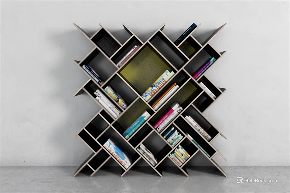 Modern Geometric Bookshelf Design With Multiple Compartments And Colorful Books 3d model 