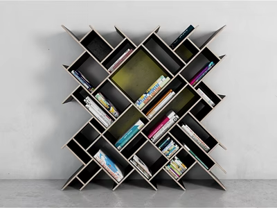 Modern Geometric Bookshelf Design With Multiple Compartments And Colorful Books 3d model