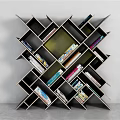 Modern Geometric Bookshelf Design With Multiple Compartments And Colorful Books