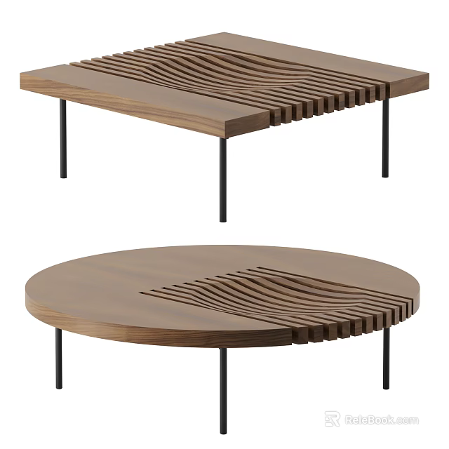 Wooden Coffee Table With Wavy Pattern Design Square And Round Shapes Black Slender Legs 3d model 