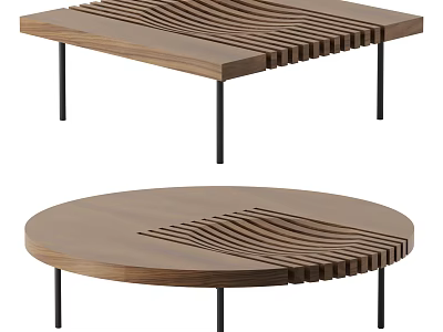 Wooden Coffee Table With Wavy Pattern Design Square And Round Shapes Black Slender Legs 3d model