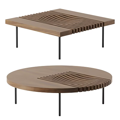 Wooden Coffee Table With Wavy Pattern Design Square And Round Shapes Black Slender Legs 3d model