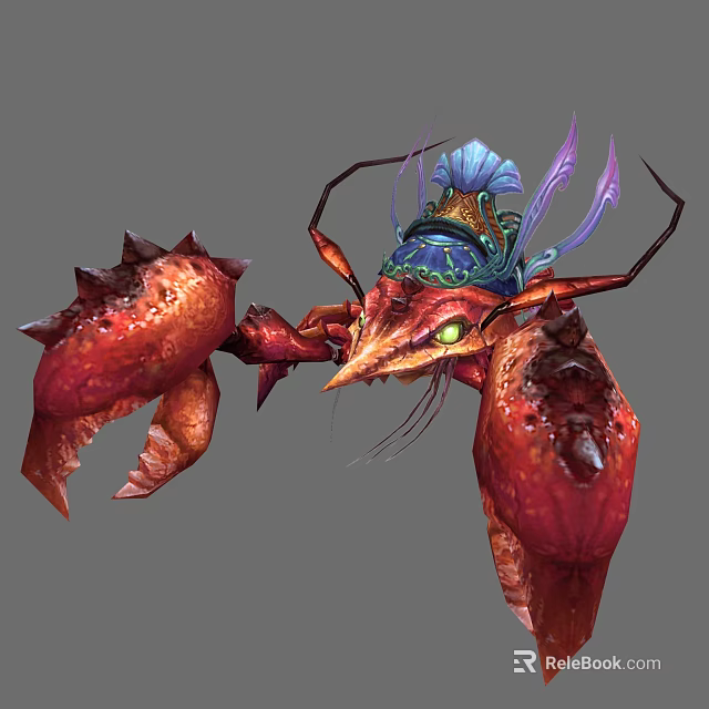 Mythical Red Crustacean Creature With Spiked Claws Blue Purple Headpiece And Green Eyes 3d model 
