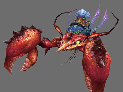 Mythical Red Crustacean Creature With Spiked Claws Blue Purple Headpiece And Green Eyes 3d model