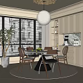 Modern Restaurant Interior With Round Dining Table Wicker Chairs White Cabinets Marble Backsplash Green Plants 3d model
