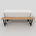 Dining Table and Bench Set with White Tablecloth Wooden Top and Black Metal Frames