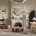 Elegant Living Room Interior With Fireplace Chandelier Sofa Macramé Wall Hanging And Arched Doorway