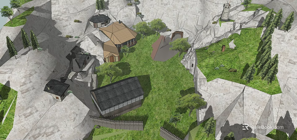 3D Rendered Traditional Village Scene With Grassy Fields Stone Buildings Various Roof Styles and Trees 3d model 