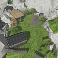 3D Rendered Traditional Village Scene With Grassy Fields Stone Buildings Various Roof Styles and Trees