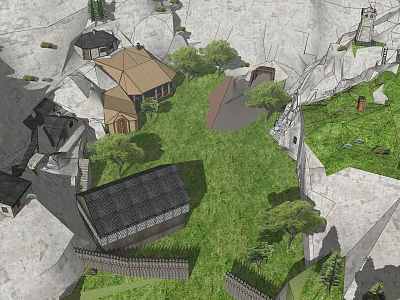 3D Rendered Traditional Village Scene With Grassy Fields Stone Buildings Various Roof Styles and Trees 3d model