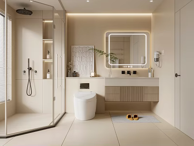 Modern Bathroom Interior Design With Illuminated Mirror Vanity Shower Enclosure Toilet And Neutral Tones 3d model