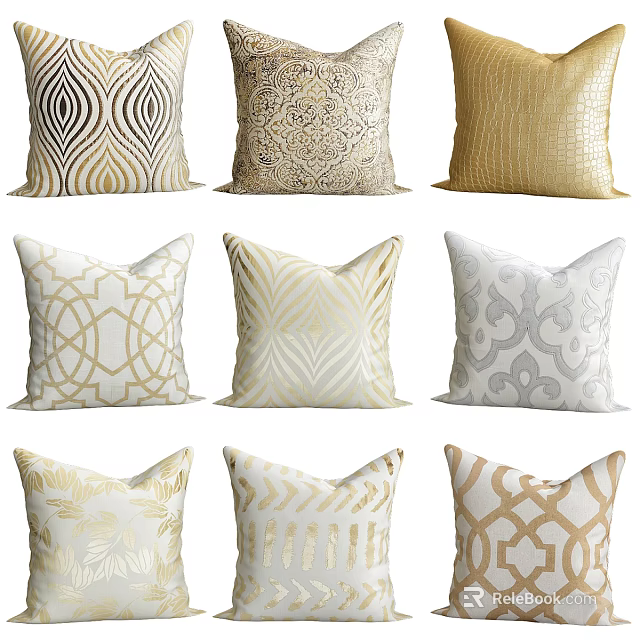 Stylish Decorative Throw Pillows With Various Gold And White Patterns For Home Decor 3d model