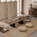 Japanese Tea Room Interior With Wooden Tea Table Tea Set Floor Cushions And Shoji Screen