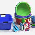 Colorful Household Supplies with Storage Bins Basins Cleaning Tools Detergent Bottles and Sponges
