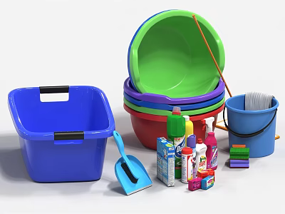 Colorful Household Supplies with Storage Bins Basins Cleaning Tools Detergent Bottles and Sponges 3d model