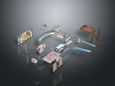 Assorted Architectural Design Components With Curved Structures Wooden Panels And Decorative Elements 3d model